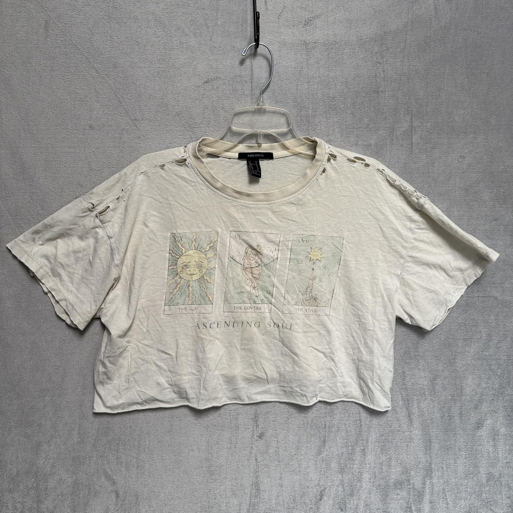 Forever 21 Shirt Womens Medium White‎ Tarot Card Graphic Cropped Distressed Tee